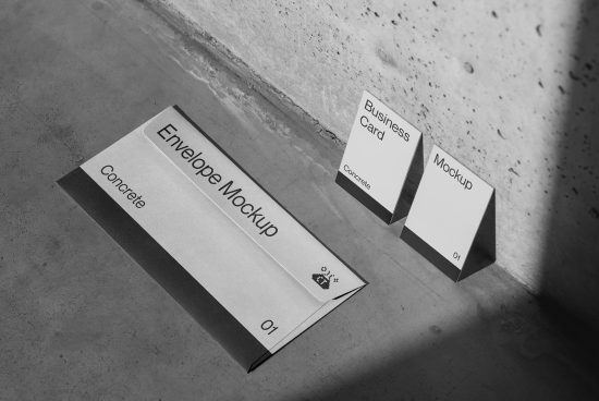 Sophisticated monochrome mockup featuring an envelope and business cards on a concrete surface, ideal for presentations and branding for designers.